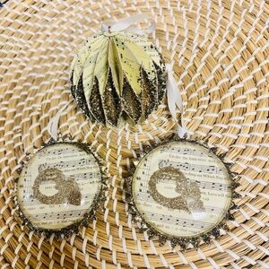 Pottery Barn 3 Pc Music Notes German Glitter Glass Domed Christmas Ornaments